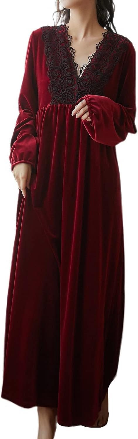 Women's Long Sleeve Nightgown Velvet Sleep Dress Ruffle Crew Neck Mid-length Nightdress