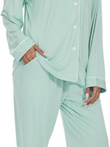 Womens Bamboo Pajama Set Long Sleeve Button Down, Soft Pj Pants with Pockets, Lightweight Sleepwear Loungewear