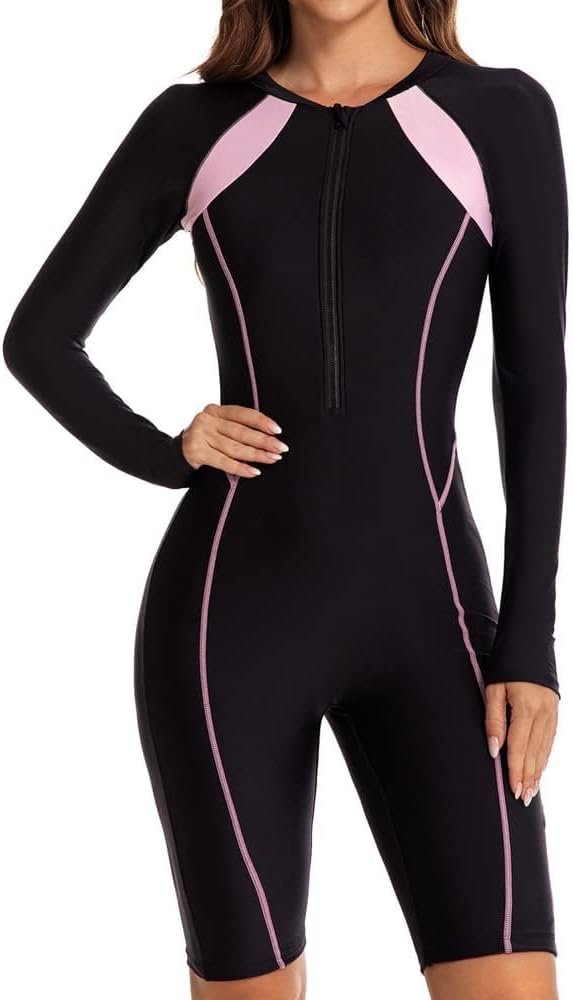 Women's One Piece Long Sleeve Rash Guard Knee High Bathing Suits Swimsuit Sport Surfing Wear Athletic Swimwear