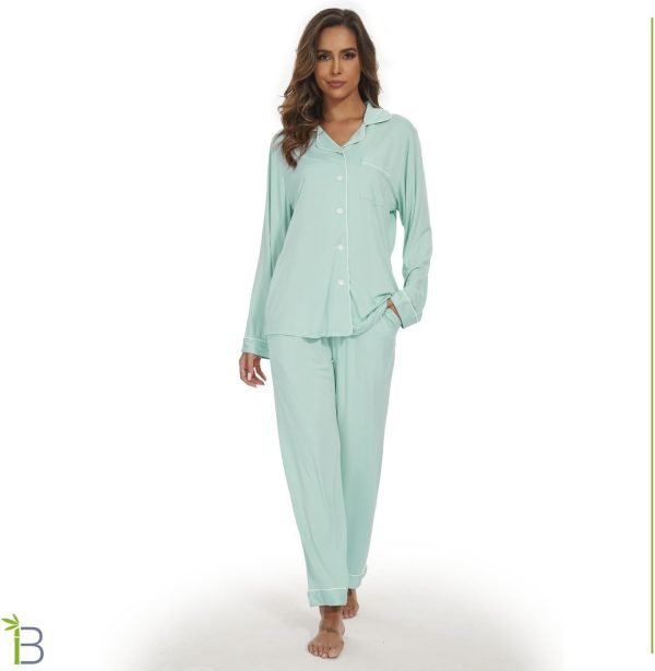 Womens Bamboo Pajama Set Long Sleeve Button Down, Soft Pj Pants with Pockets, Lightweight Sleepwear Loungewear