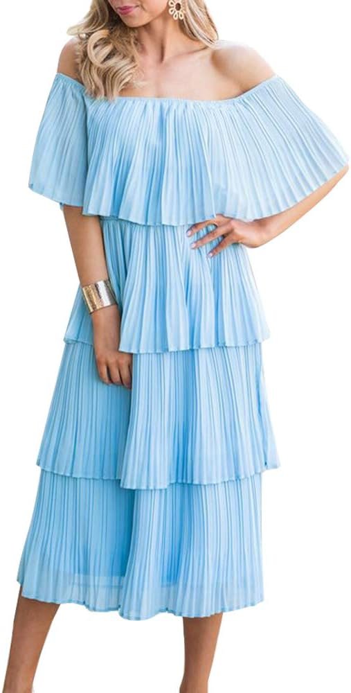 Women's Off The Shoulder Ruffles Summer Valentines Day Loose Casual Chiffon Long Party Beach Maxi Dress