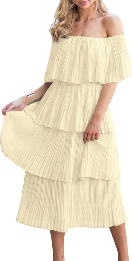 Women's Off The Shoulder Ruffles Summer Valentines Day Loose Casual Chiffon Long Party Beach Maxi Dress