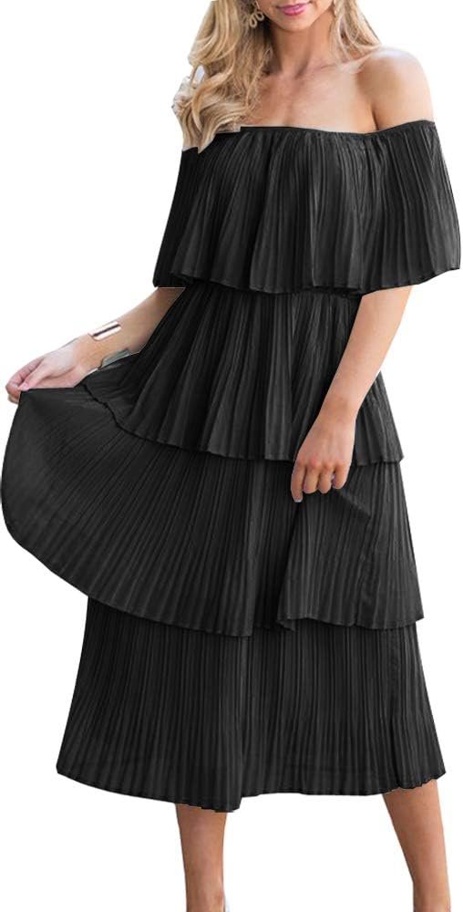 Women's Off The Shoulder Ruffles Summer Valentines Day Loose Casual Chiffon Long Party Beach Maxi Dress