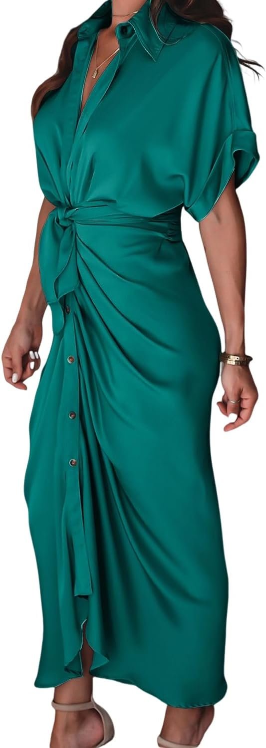 51u7niZxvIL._AC_SL1500 Women's Short Sleeve Satin Dress Button Down with Belt Maxi Shirt Dresses