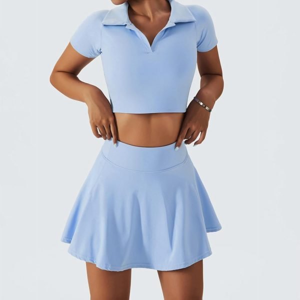 2 Piece Tennis Dress for Women High Waist Pleated Tennis Skirt with Shorts Short Sleeve Crop Golf Workout Skirts Sets