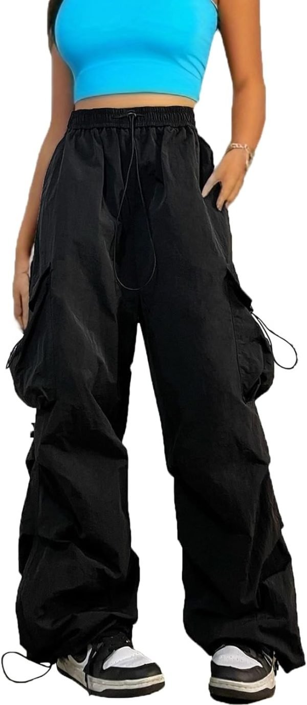 Women Cargo Pants Trendy Parachute Pants Elastic Waist Hiking Pants Lightweight Waterproof Baggy Joggers with Pockets