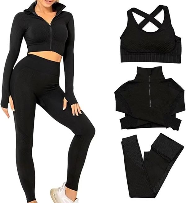 Women's 3 PC Seamless Gym Clothing Workout Outfit with Jacket Bra & Leggings Set