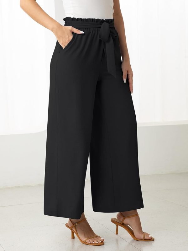 Womens Wide Leg Lounge Pants High Waisted Business Work Casual Pants Adjustable Tie Knot Loose Trousers with Pocket