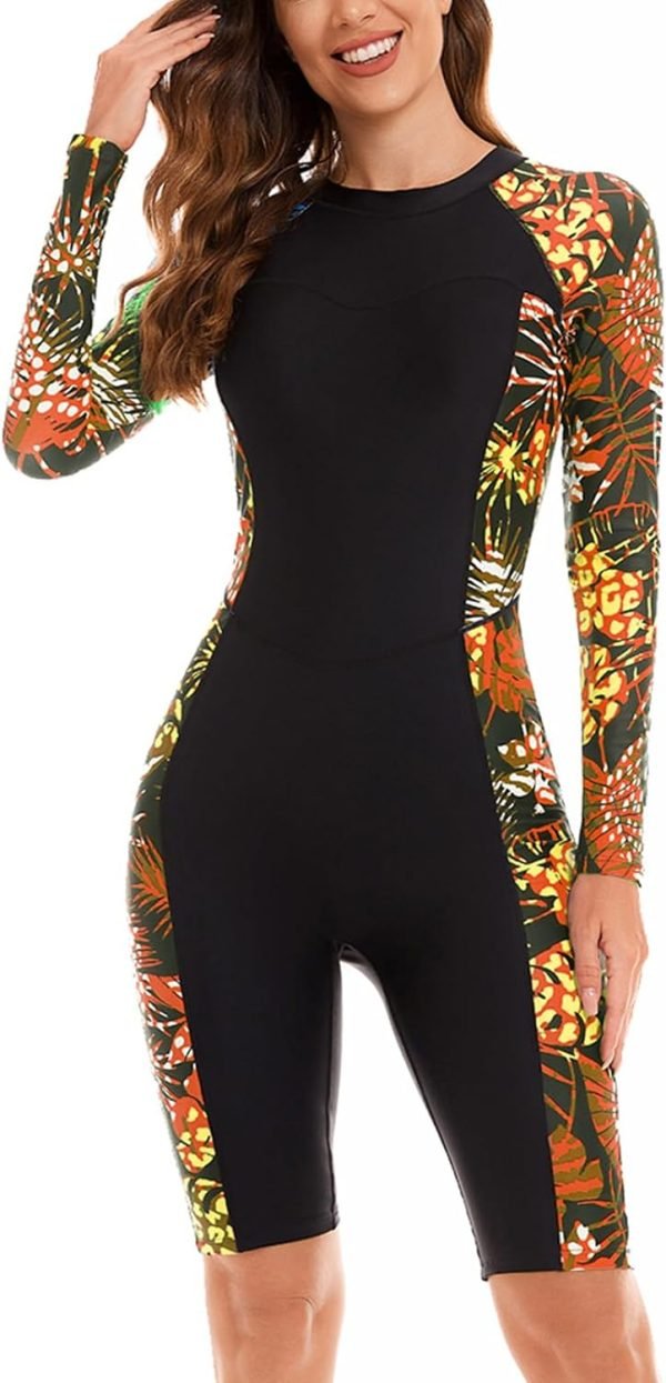 Women Zip Rash Guard Long Sleeve One Piece Splice Swimsuit UPF 50+ Tummy Control Surfing Bathing Suits Boyshort Bottom
