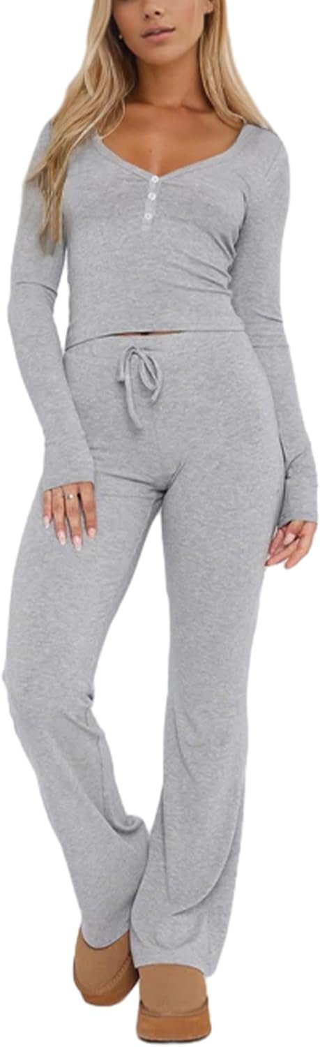 Women Ribbed Knit Yoga Lounge Set V Neck Long Sleeve Button Crop Tee Drawstring Pants Solid Slim Two Pieces Sets