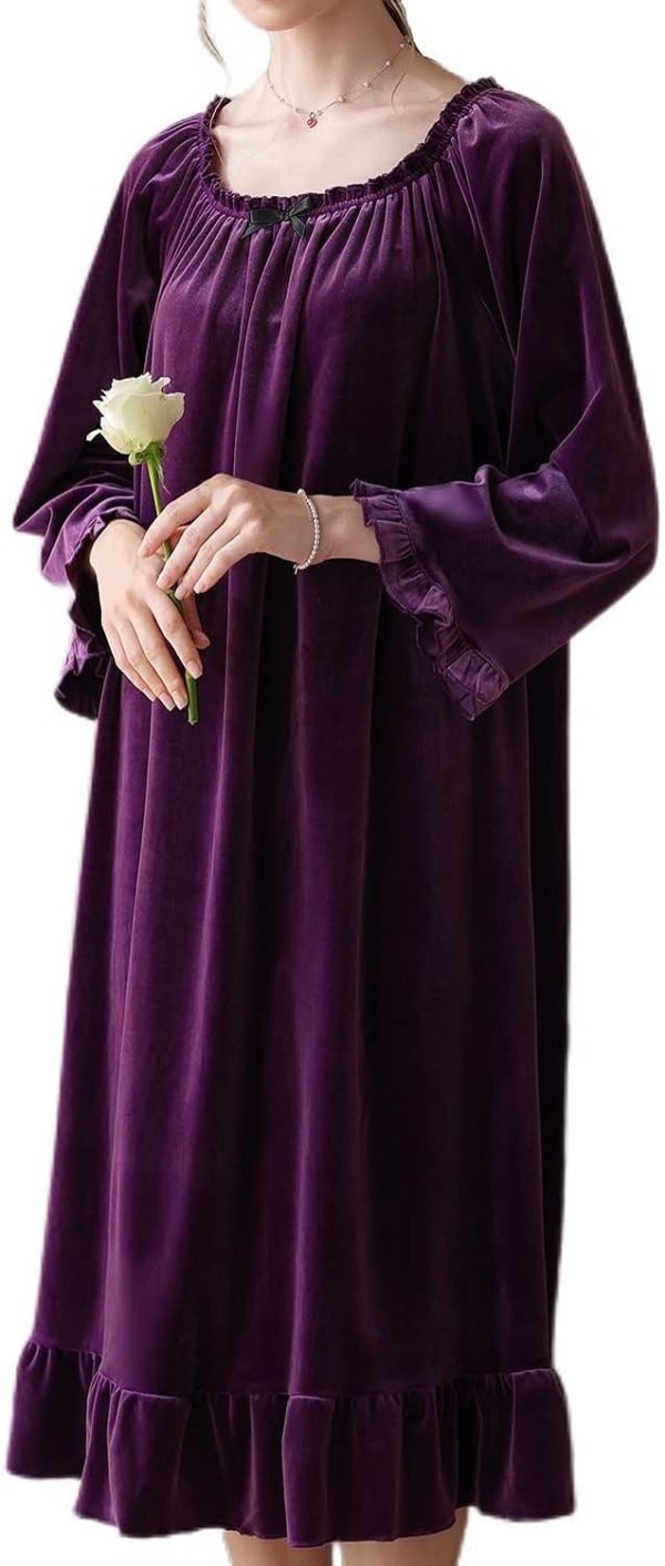 Women's Long Sleeve Nightgown Velvet Sleep Dress Ruffle Crew Neck Mid-length Nightdress
