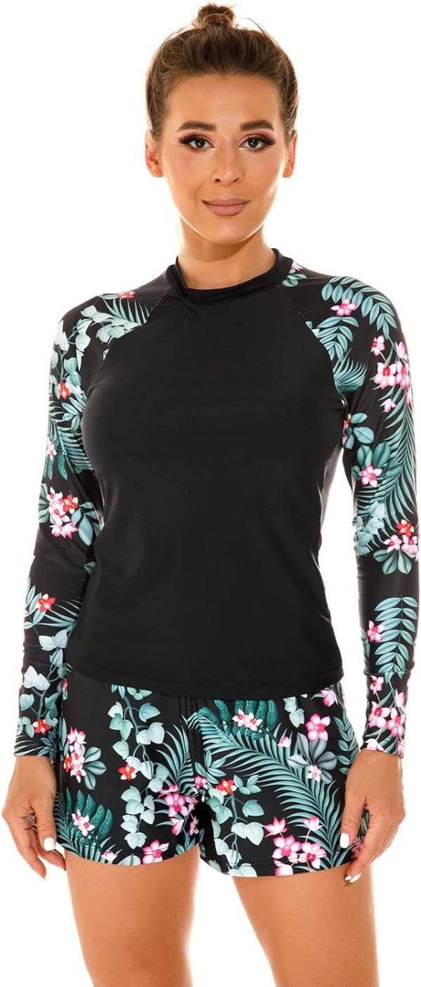 Women 2 Piece Rash Guard Long Sleeve Swimsuits Swim Shirt with Shorts Set Sun Protection UPF 50+ Surf Bathing Suits