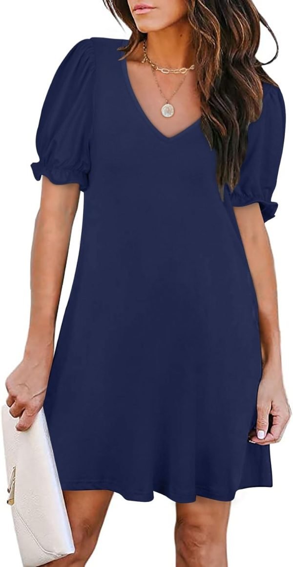 Women's Casual Dresses Puff Short Sleeve V-Neck Cocktail Dress with Pockets