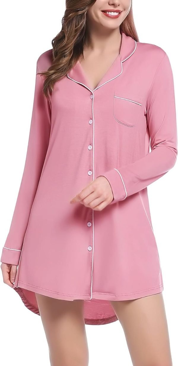 Womens Bamboo Viscose Sleep Shirt Long Sleeve Button Down Nightgowns Boyfriend Nightshirt S-XXL