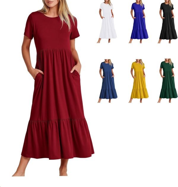 616KZYyJQBL._AC_SL1500 Womens Summer Dresses Casual Short Sleeve Crewneck Swing Dress Casual Tiered t Shirt Dress with Pockets 2024 Trendy Outfits