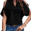 Women's Cold Shoulder Tops Summer Fashion Short Sleeve V Neck Casual Loose Solid Color Blouse Shirts