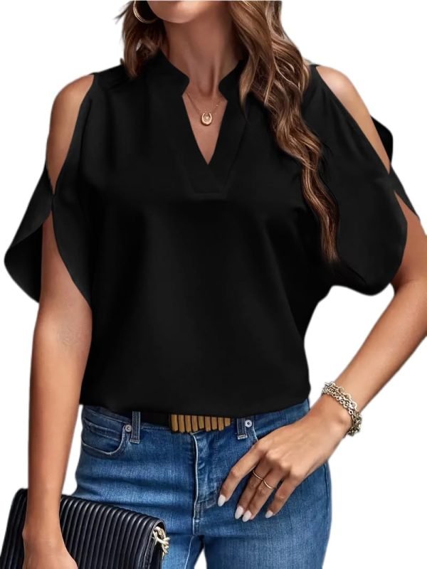 Women's Cold Shoulder Tops Summer Fashion Short Sleeve V Neck Casual Loose Solid Color Blouse Shirts