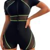 Women's Colorblock Mesh Zipper Diving Suit One Piece Swimsuit Short Sleeve Bathing Suit