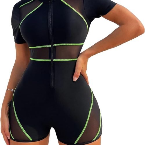 Women's Colorblock Mesh Zipper Diving Suit One Piece Swimsuit Short Sleeve Bathing Suit
