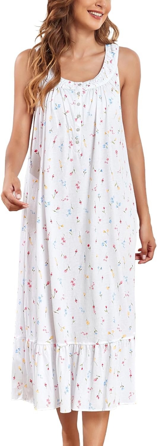 Women's Nightgown Sleeveless Sleepwear Wide Strap Sleep Shirt Pleated Scoopneck Nightshirt