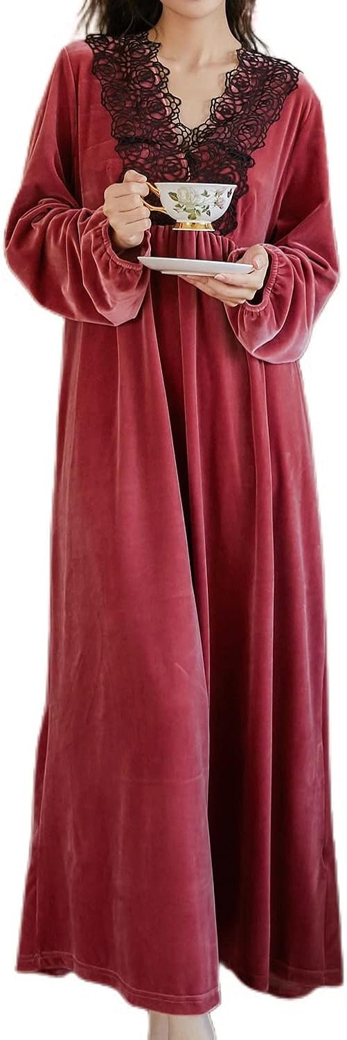 Women's Long Sleeve Nightgown Velvet Sleep Dress Ruffle Crew Neck Mid-length Nightdress