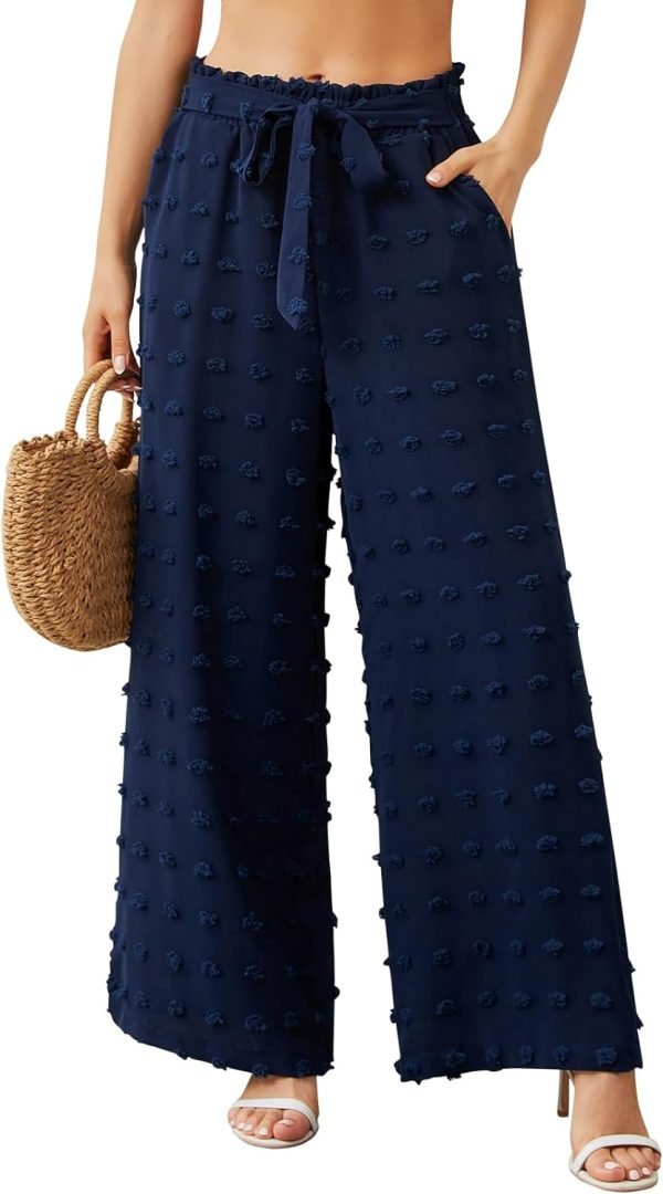 Womens Wide Leg Lounge Pants High Waisted Business Work Casual Pants Adjustable Tie Knot Loose Trousers with Pocket