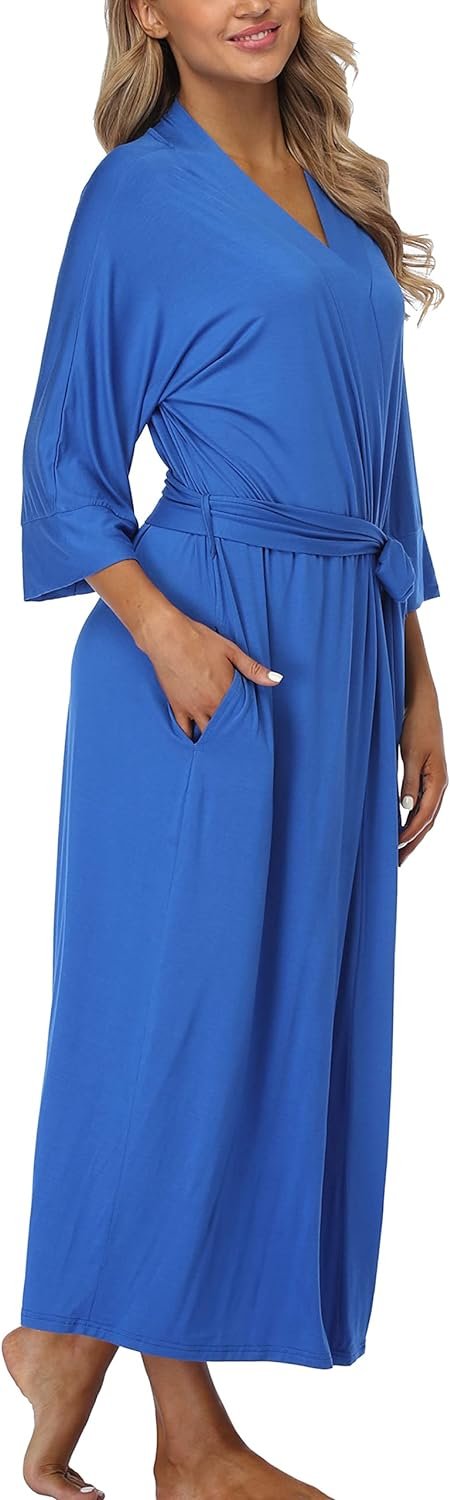 Womens Soft Long Kimono Robes Lightweight Full Length Knit Bathrobe With Pockets Ladies Casual Dressing Gown