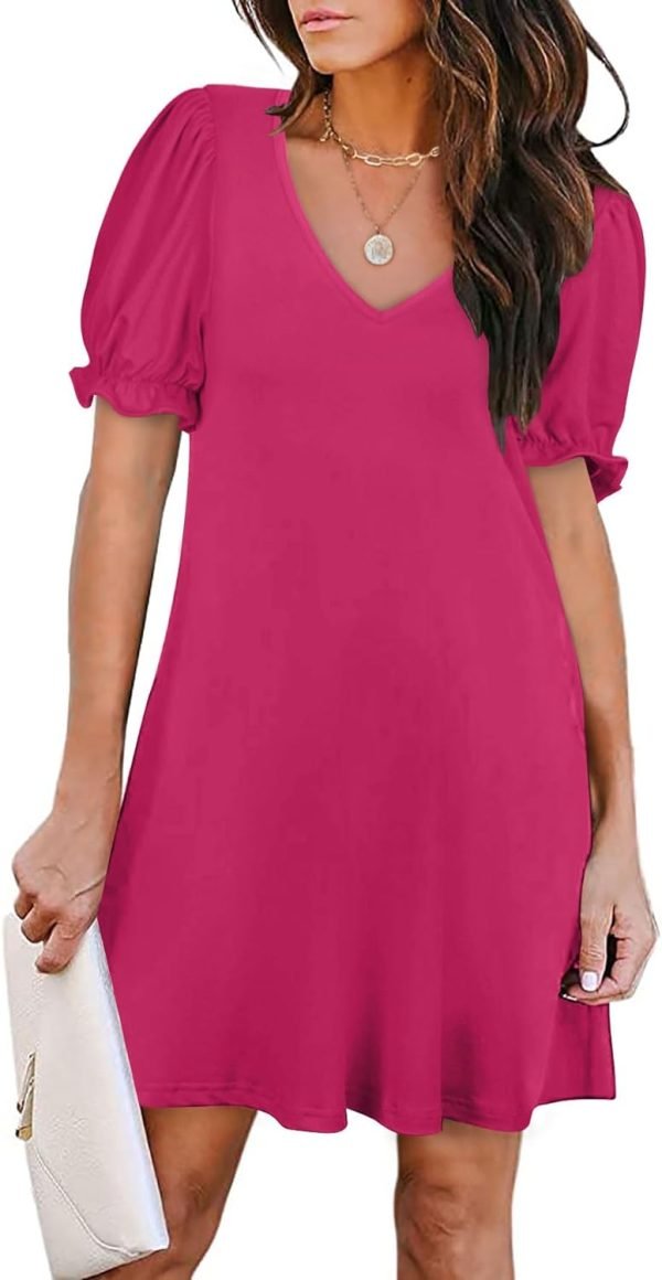 Women's Casual Dresses Puff Short Sleeve V-Neck Cocktail Dress with Pockets