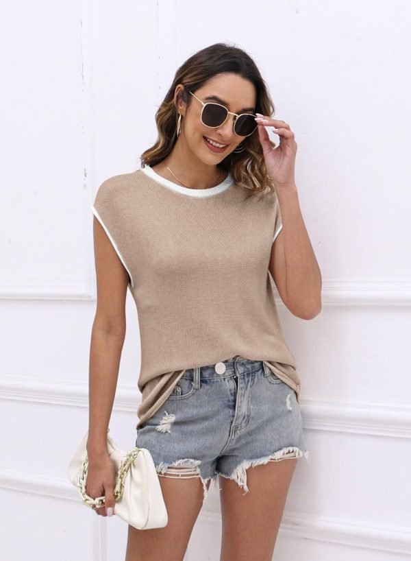 Womens Cap Sleeve Sweater Vest Summer Tops Sleeveless Tank Tops 2024 Trendy Spring Clothes Striped Short Sleeve Shirts