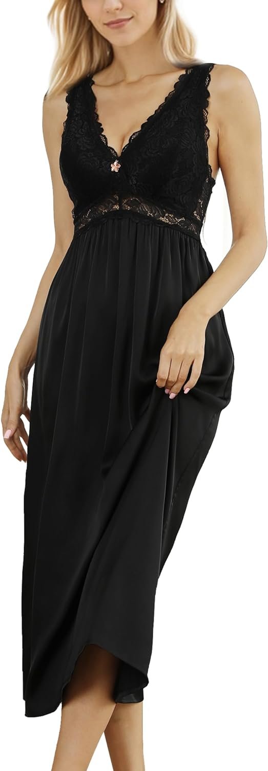 Womens Nightgown Long Sexy Silky V neck Chemise Lace Sleeveless Sleepwear for women Elegant