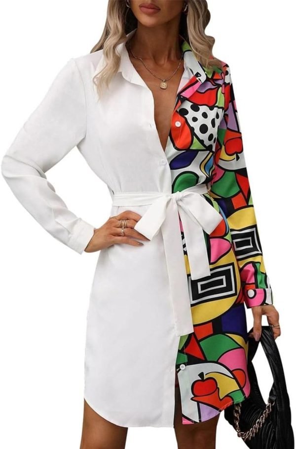 61E0g7lMe_L._AC_SL1500 Womens Button Down Shirt Dresses with Belt Button Up Tunics Long Sleeve Blouse Tops