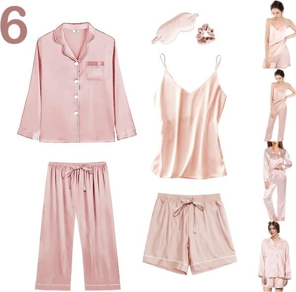 61EpMwdIeJL._AC_SL1500 6Pcs Womens Silk Satin Pajama Sets Pj Sets Long Pjs Set Pajamas Sleepwear Camisole Sexy Cami