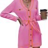 Pink Queen Women's V Neck Long Sleeve Mini Dress Elegant Button Down Open Front Color Block Knit Sweater Cardiagns with Belt
