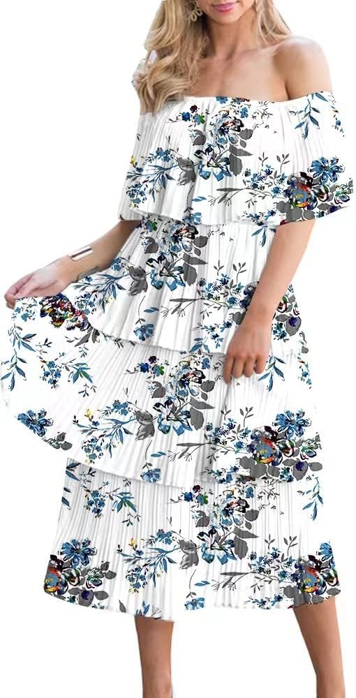 Women's Off The Shoulder Ruffles Summer Valentines Day Loose Casual Chiffon Long Party Beach Maxi Dress