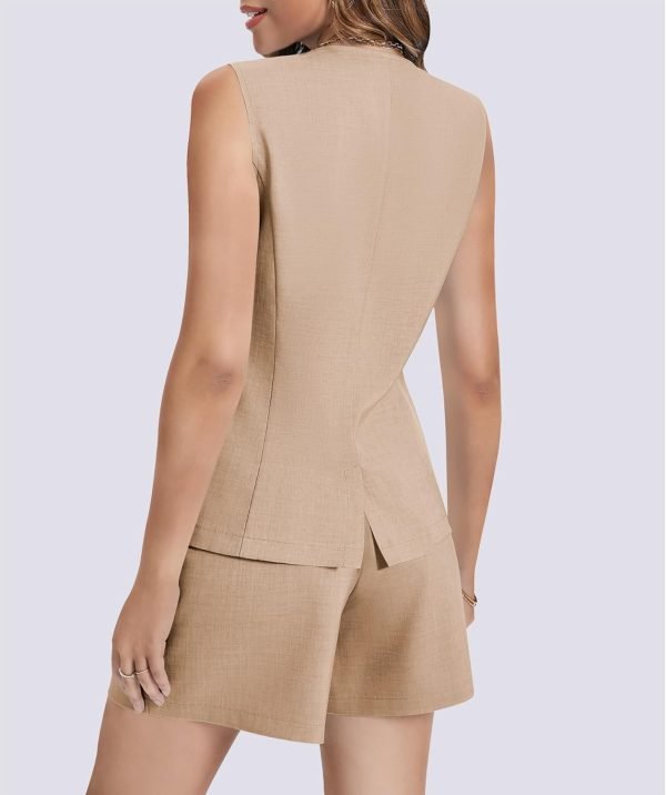 Women's Summer 2 Piece Outfits Sleeveless Round Neck Button Down High Waisted Pants 2024 Business Work Sets