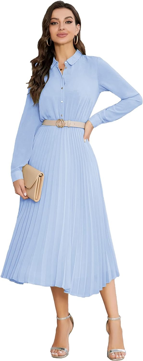 Business Casual Shirt Dress for Women Long Sleeves Pleated Midi Dresses with Belt