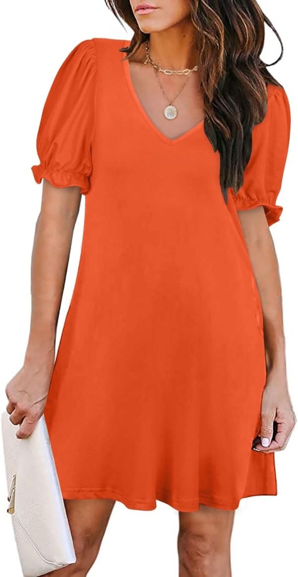 Women's Casual Dresses Puff Short Sleeve V-Neck Cocktail Dress with Pockets