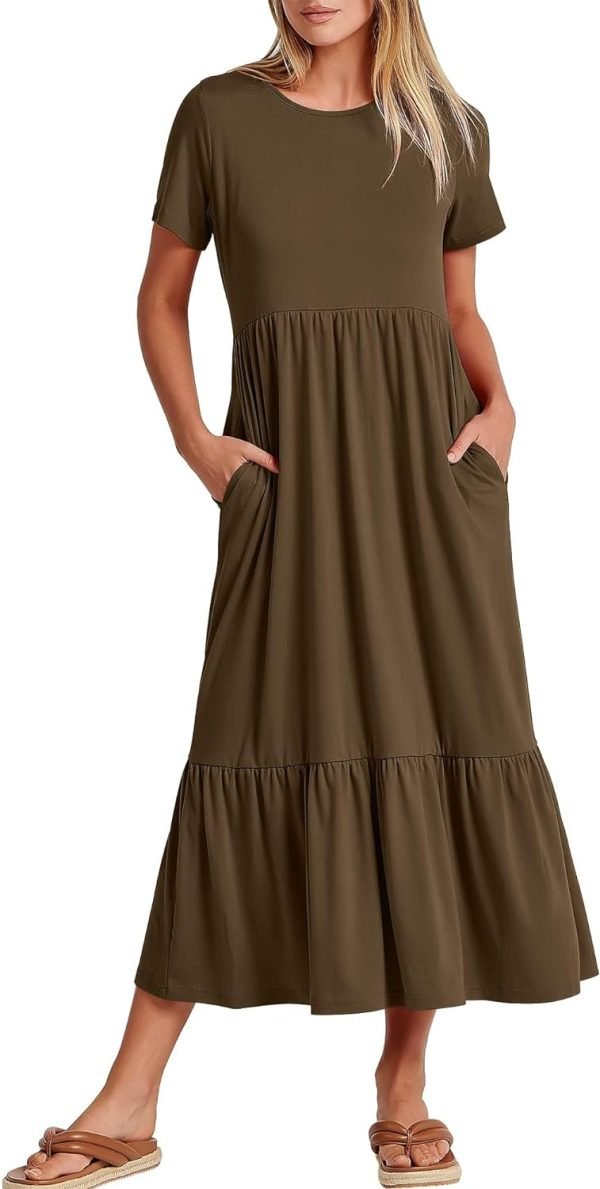 Women's Summer Casual Short Sleeve Crewneck Swing Dress Flowy Tiered Maxi Beach Dress with Pockets