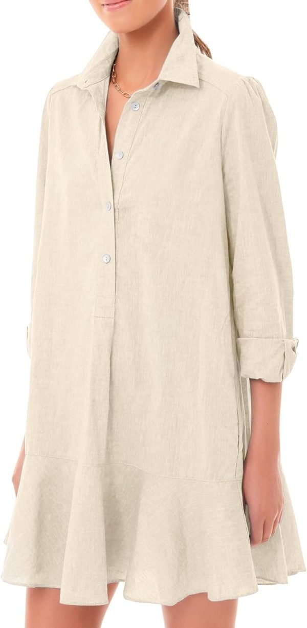 Women's Tunic Mini Shirt Dress Cotton Long Sleeve Ruffle Hem Dress Button Up Shift Chambray Dresses