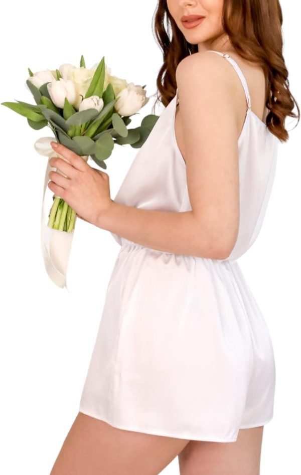 Women’s White Lace Romper- Comfy Vegan Silk One Piece Pajama With Shorts