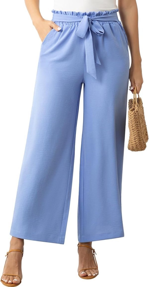 Womens Wide Leg Lounge Pants High Waisted Business Work Casual Pants Adjustable Tie Knot Loose Trousers with Pocket