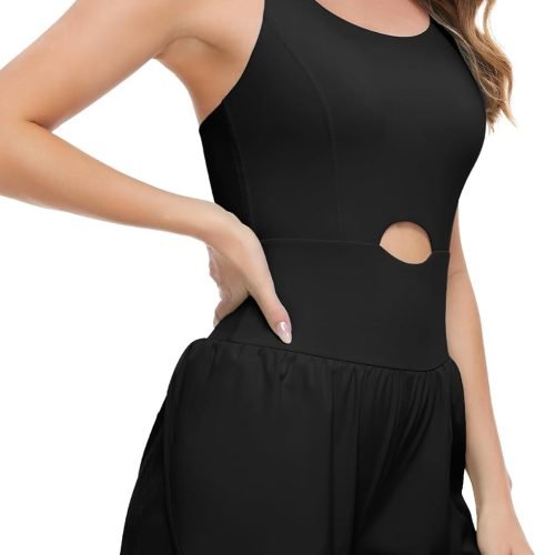 Athletic Romper Workout Onesie for Women, Quick-dry Running Active Romper One Piece Outfits with 2 Side Pockets
