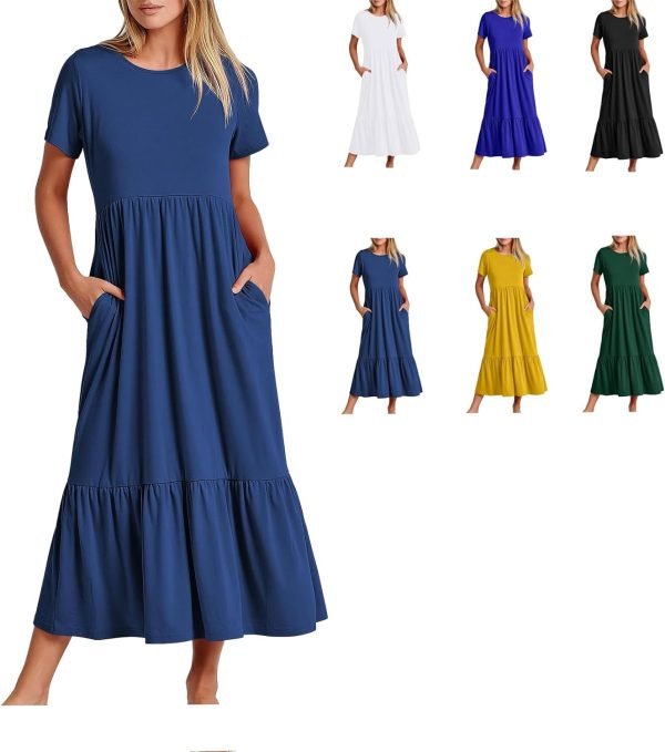 61L7et7tULL._AC_SL1500 Womens Summer Dresses Casual Short Sleeve Crewneck Swing Dress Casual Tiered t Shirt Dress with Pockets 2024 Trendy Outfits