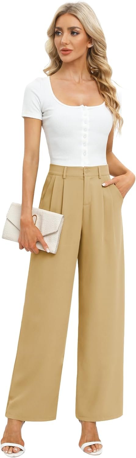 Women's Business Work Trousers High Waisted Wide Leg Pants Long Straight Suit Pants with Pocket