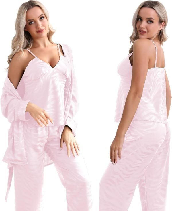 61LQXw91USL._AC_SL1500 Womens Silk Satin Pajama Sets,Zebra Strips Comfy Robe and Pants Women Pajamas,Silky Camisole Woman Pjs Set 3 Pieces
