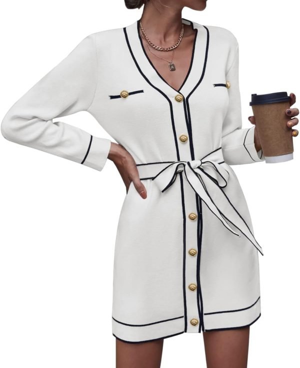 Pink Queen Women's V Neck Long Sleeve Mini Dress Elegant Button Down Open Front Color Block Knit Sweater Cardiagns with Belt