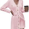 Pink Queen Women's V Neck Long Sleeve Mini Dress Elegant Button Down Open Front Color Block Knit Sweater Cardiagns with Belt