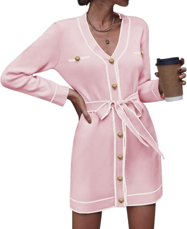 Pink Queen Women's V Neck Long Sleeve Mini Dress Elegant Button Down Open Front Color Block Knit Sweater Cardiagns with Belt