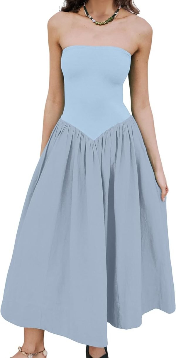 Women Off Shoulder Midi Dress Strapless Sleeveless Drop-Waist A Line Tube Dress Trendy Summer Swing Patchwork Dress