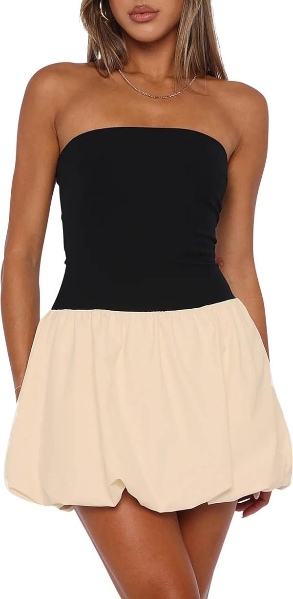 Women Strapless Tube Top Dress Bubble Skirt Cute Summer Mini Short Dresses Bandeau Corset Dress Casual